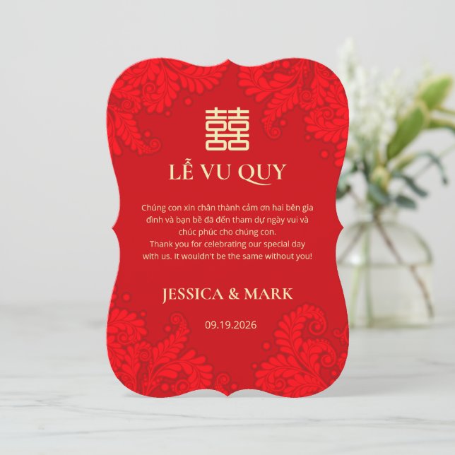 Bilingual Vietnamese Wedding Red Thank You Card (Standing Front)