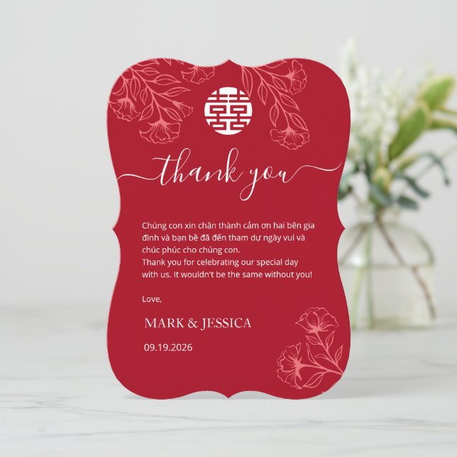 Bilingual Vietnamese Wedding Red Thank You Card (Standing Front)