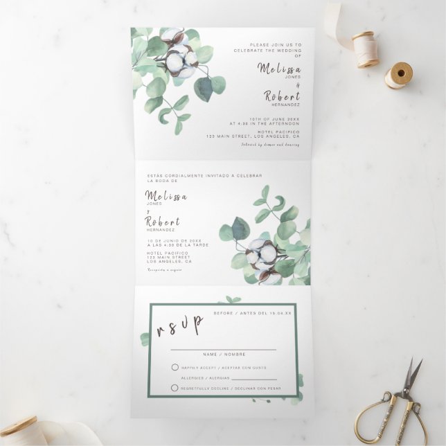 Bilingual Wedding Invitation Eucalyptus All in One (Inside)