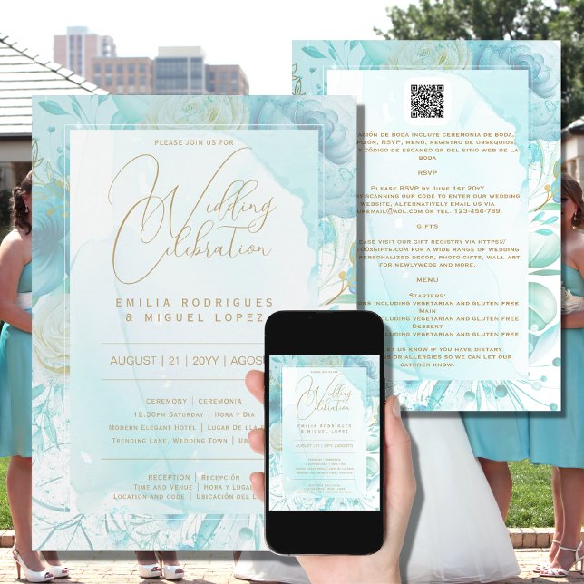 Bilingual WHITE GOLD TEAL Wedding incl. Details Invitation (Creator Uploaded)