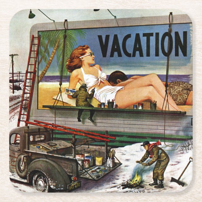 Billboard Painters in Winter by Stevan Dohanos Square Paper Coaster (Front)