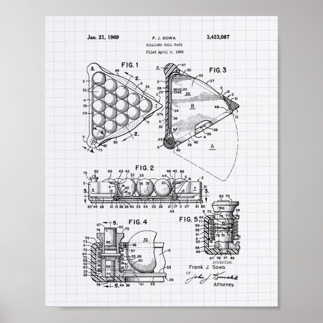 Billiard Ball Rack 1969 Patent Art - Lined Peper Poster (Front)