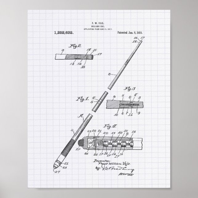 Billiard Cue 1918 Patent Art - Lined Peper Poster (Front)
