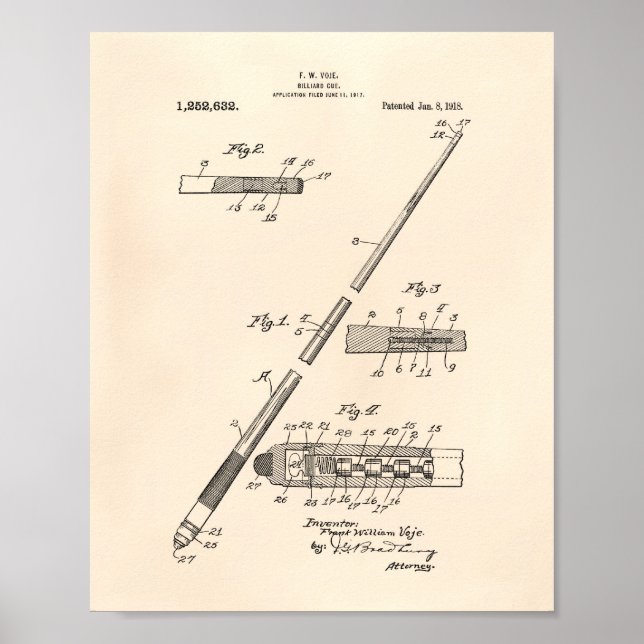 Billiard Cue 1918 Patent Art - Old Peper Poster (Front)