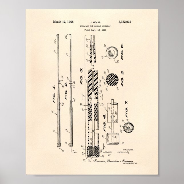 Billiard Cue Handle 1968 Patent Art - Old Peper Poster (Front)