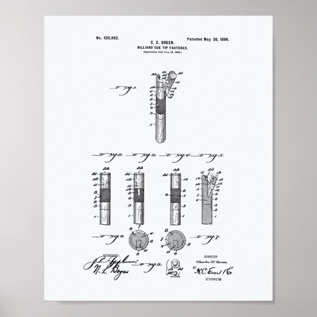 Billiard Cue Tip 1899 Patent Art  - White Paper Poster (Front)