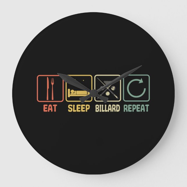 Billiard Eat Sleep Repeat Retro Style Slogan Large Clock (Front)