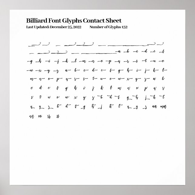 Billiard Font Glyphs Contact Sheet Poster (Front)