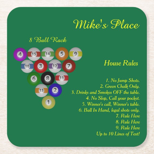 Billiard House 10 Rules Square Paper Coaster (Front)