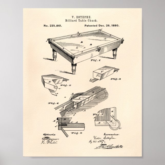 Billiard Table 1880 Patent Art Old Peper Poster (Front)