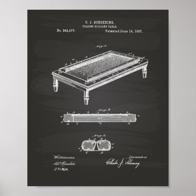 Billiard Table 1887 Patent Art - Chalkboard Poster (Front)