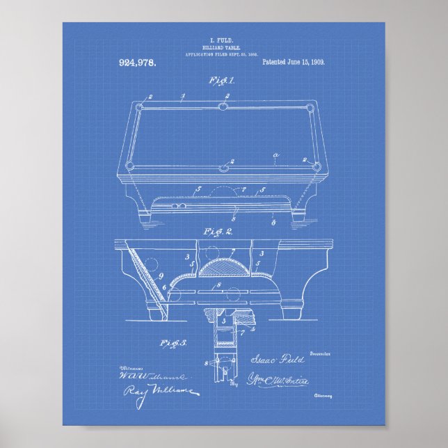 Billiard Table 1909 Patent Art - Blueprint Poster (Front)