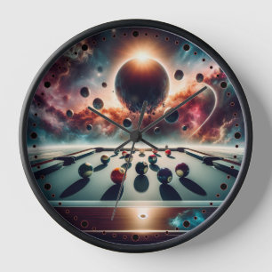 billiard table in front of space clock