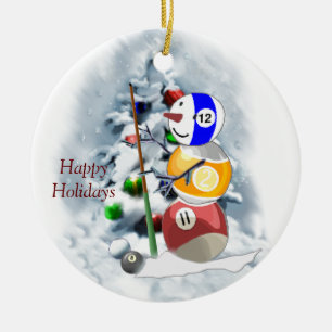 Billiards Ball Snowman Christmas Ceramic Ornament