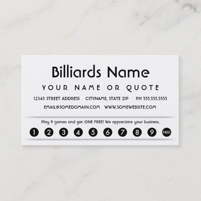 billiards customer appreciation card (Front)