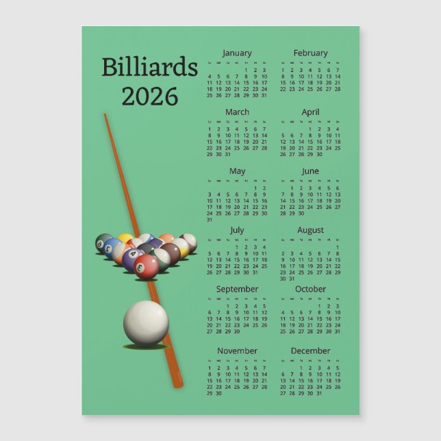 Billiards Pool 2026 Calendar Magnetic Card (Front)