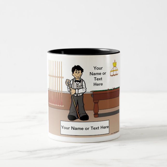 Billiards, Pool Player - Male Cartoon Two-Tone Coffee Mug (Center)