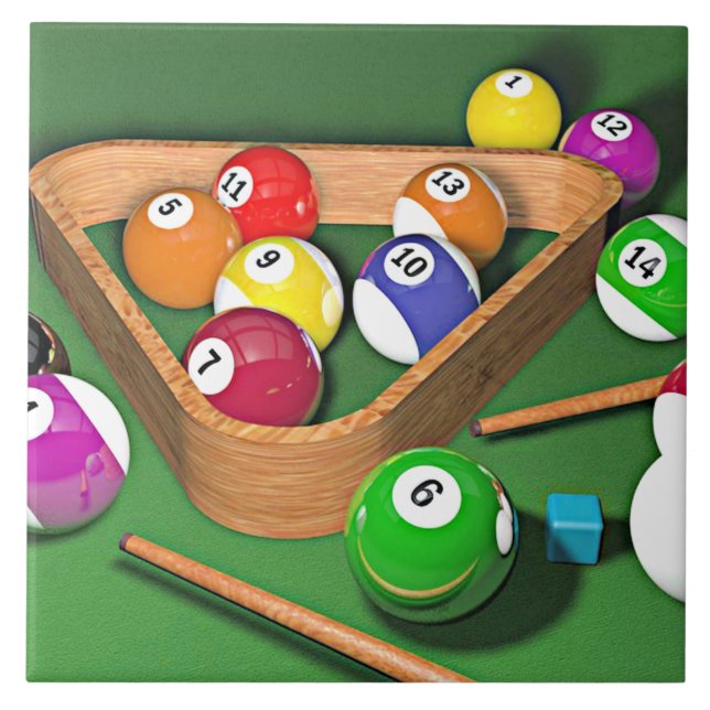 Billiards, rack 'em up, colourful design, ceramic tile (Front)