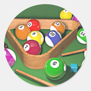 Billiards, rack 'em up, colourful design, classic round sticker