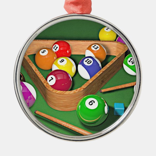 Billiards, rack 'em up, colourful design,  metal ornament (Front)