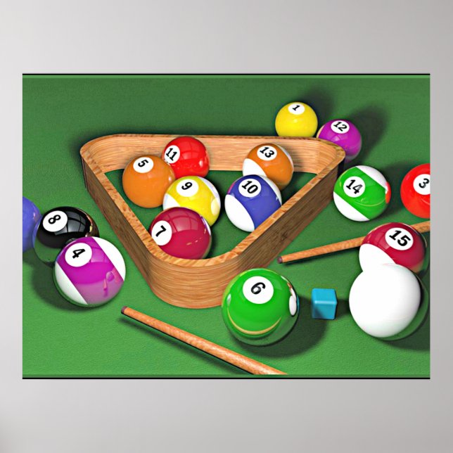 Billiards, rack 'em up, colourful design, poster (Front)
