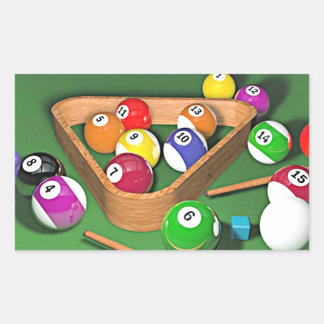 Billiards, rack 'em up, colourful design, rectangular sticker (Front)