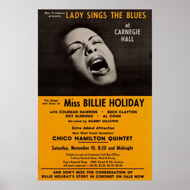 Billie Holiday Carnegie Hall Concert Jazz Vintage Poster (Front)
