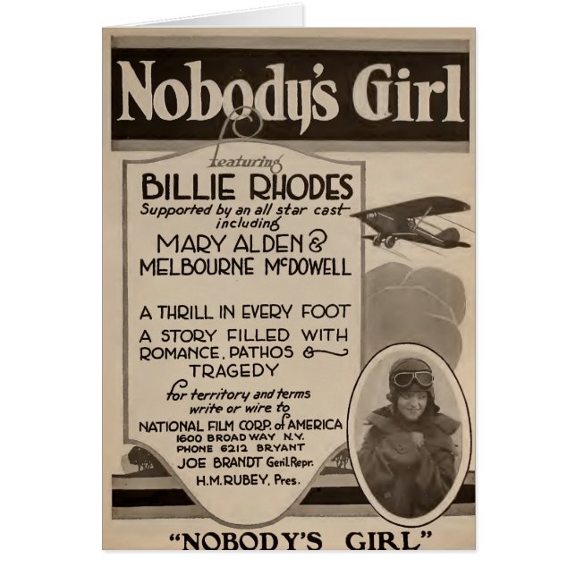 Billie Rhodes 1920 silent movie exhibitor ad (Front)