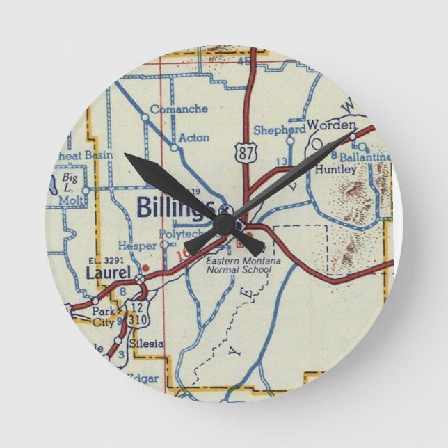 Billings Montana Vintage Map Round Clock (Front)