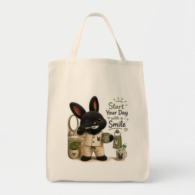 Billy Brushing Teeth Cute Black Rex Bunny Tote Bag (Front)