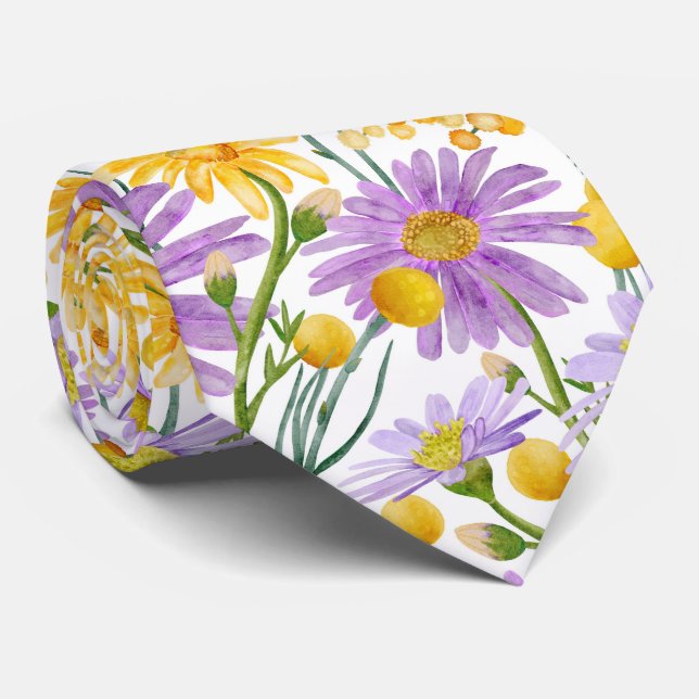 Billy Buttons And Daisy Floral Blooms  Tie (Rolled)