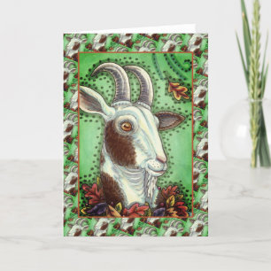 BILLY GOAT AND AUTUMN LEAVES, THANKSGIVING FARM CARD