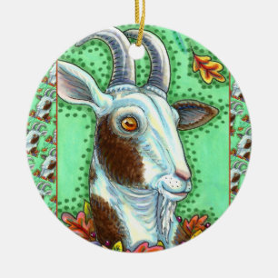 BILLY GOAT AND AUTUMN LEAVES, THANKSGIVING FARM CERAMIC ORNAMENT