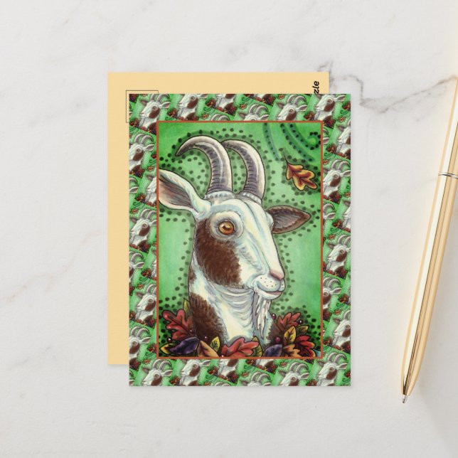 BILLY GOAT AND AUTUMN LEAVES, THANKSGIVING FARM POSTCARD (Front/Back In Situ)