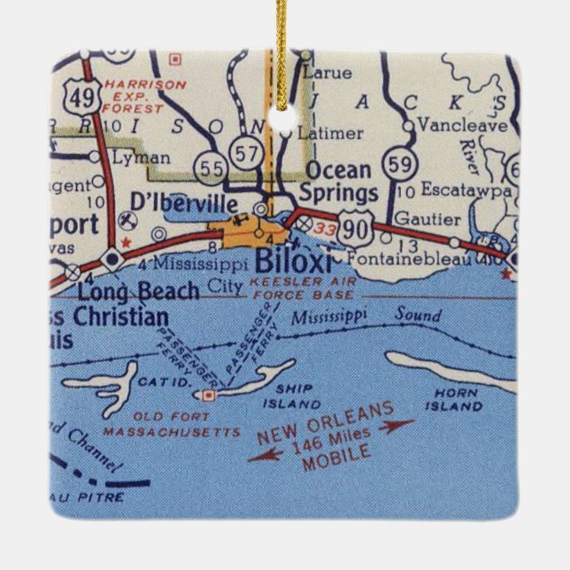 Biloxi MS Vintage Map Ceramic Ornament (Back)