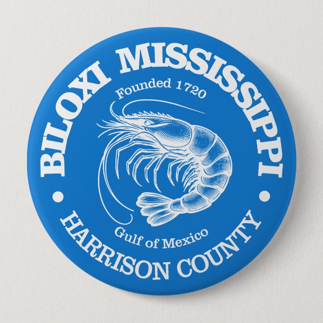 Biloxi (shrimp) 10 cm round badge (Front)
