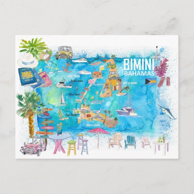 Bimini Bahamas Illustrated Map  Postcard (Front)