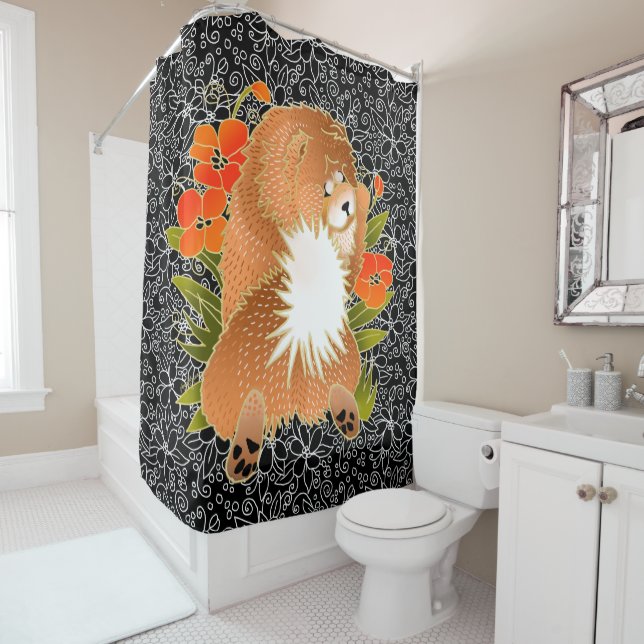 BINDI MINGSIE red chow shower curtain (In Situ)