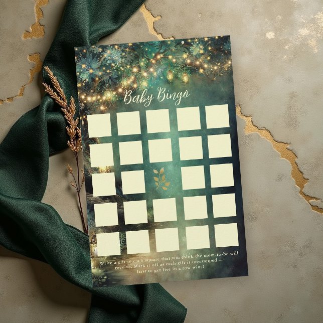 Bingo Baby Shower Game Enchanted Forest Lanterns Flyer (enchanted forest baby shower game bingo emerald green gold fairy lights lanterns magical woodland)