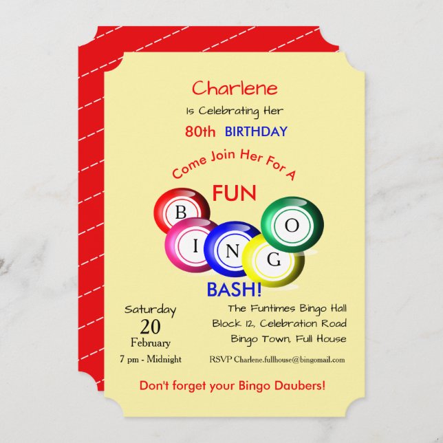 Bingo Bash Theme Fun Colourful Party Invite (Front/Back)