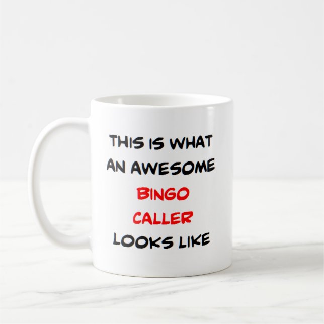 bingo caller, awesome coffee mug (Left)