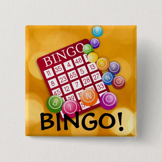 Bingo! card and colourful chips 15 cm square badge (Front)