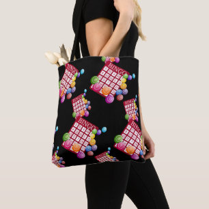 Bingo Cards And Bingo Balls On Black Tote Bag