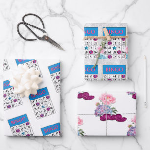 Bingo Cards with pink and blue flowers and chips Wrapping Paper Sheet