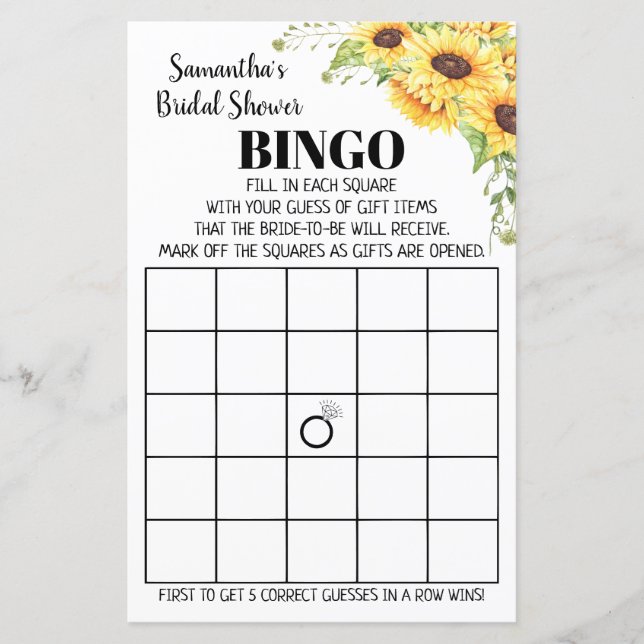 Bingo english spanish Bridal shower game sunflower (Front)