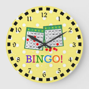 Bingo! Green and White Bingo Cards on Yellow Large Clock