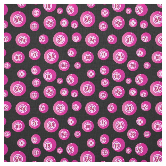 Bingo Lover Pink Bingo Balls Pattern on Black Fabric (Swatch)