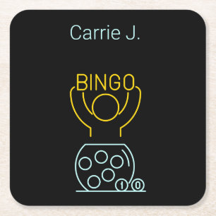 Bingo Night Neon Line Art  Personalised  Square Paper Coaster