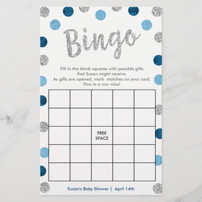 Bingo-Purse Game, 2-Sided Silver & Blue Card (Front)