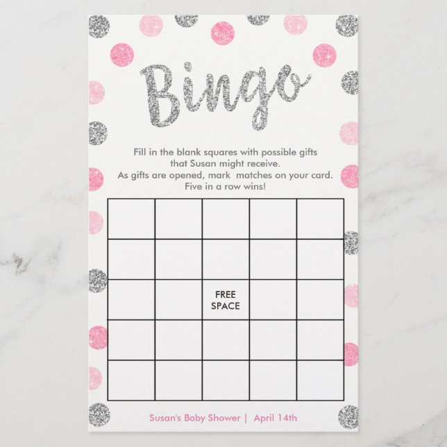 Bingo-Purse Game, 2-Sided Silver & Pink Card (Front)